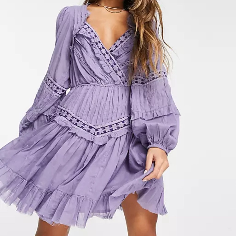 Free People Lavender Tiered V-Neck Mini Dress
